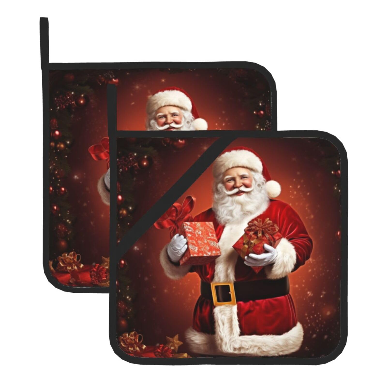 2Pcs Pot Holders with Pocket, Heat Resistant Hot Pad for Countertops, Christmas Lovely Santa Claus Potholders for Kitchen Cooking Baking Trivet