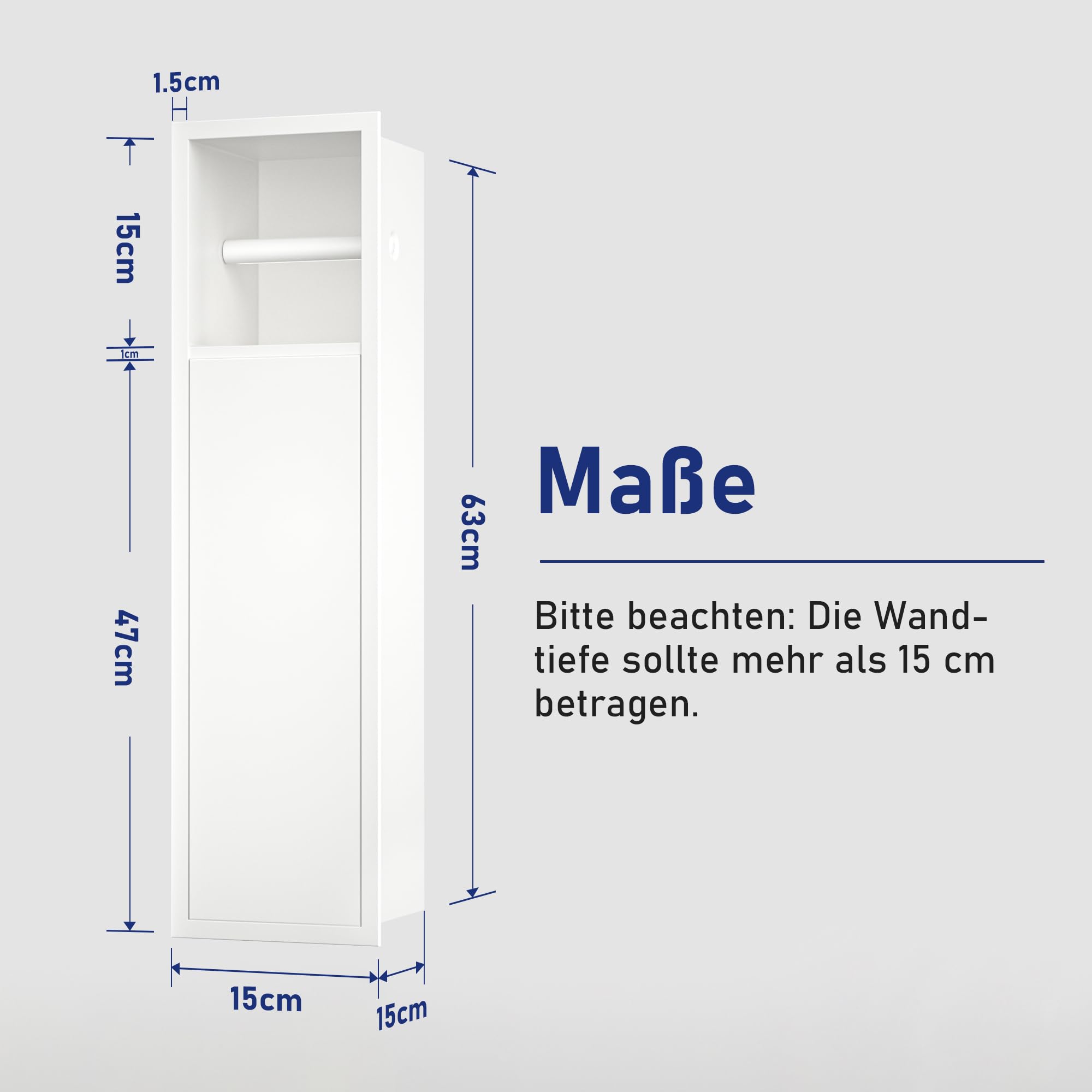 Unterputz-Schrankmodul Edelstahl für die Klobürstengarnitur, Badezimmerschrank mit Toilettenpapierhalter,Mit Schiebetür, 63x15x15 cm, Weiß