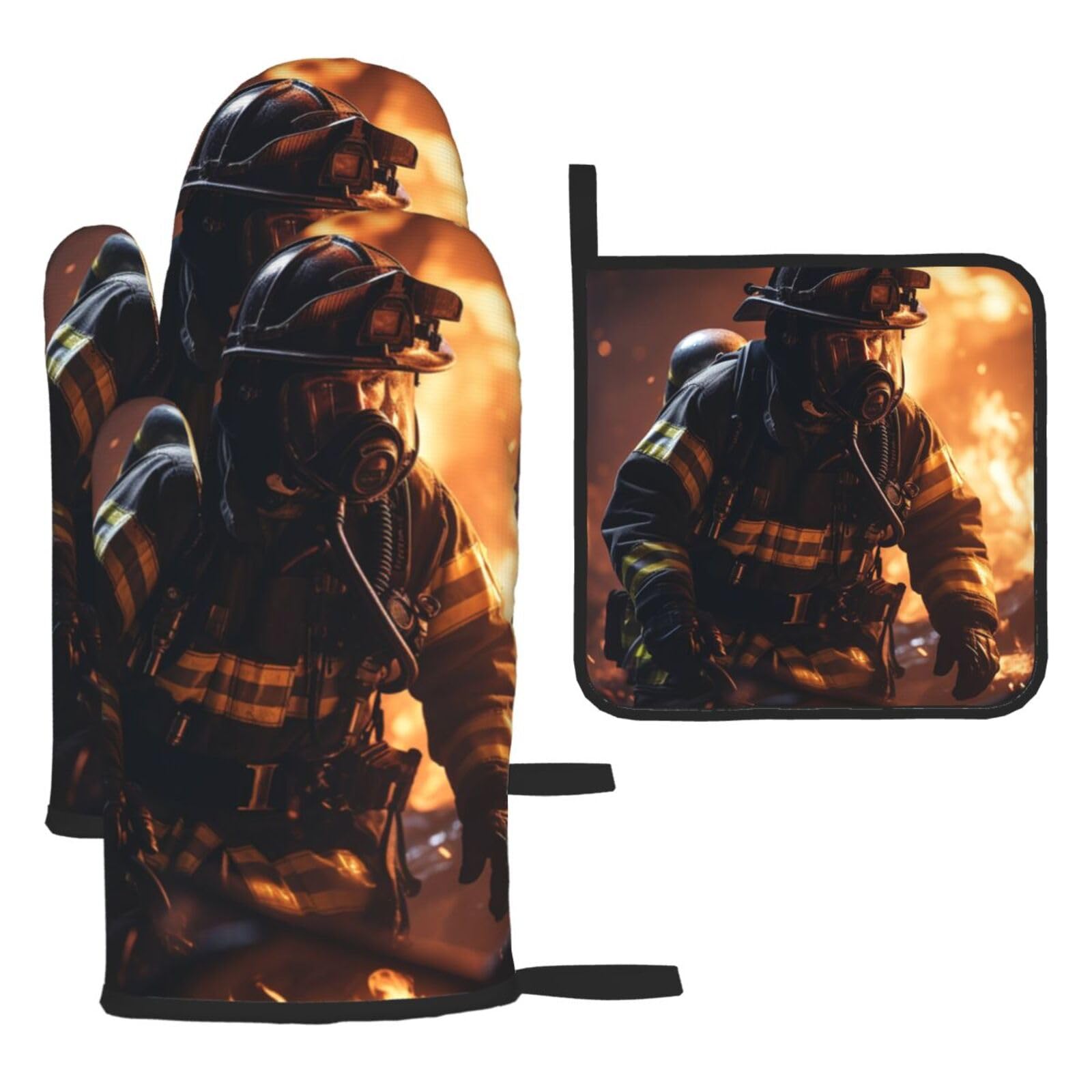 Oven Mitts and Pot Holders Sets of 3 Heat Resistant Kitchen Gloves Firefighter Fireman Flame Oven Mitts BBQ Gloves Oven Gloves and Hot Pads Non-Slip Potholders for Kitchen Baking Cooking