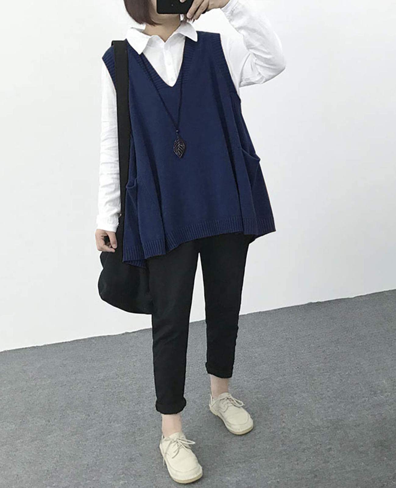 Gilet Smanicato Donna Oversize Maglioni Senza Maniche in Maglia Scollo a V Chic Vintage Elasticità Maglione Canotta Doppie Tasche
