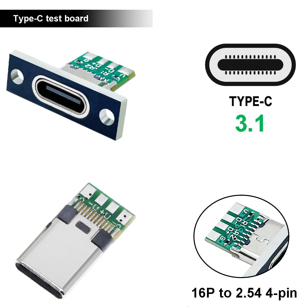 Youmile USB-C Test Board Set – 20 Stück, XH-4P-Klemme, Typ-C Buchse & Stecker, FR-4, Mit M2 Schrauben