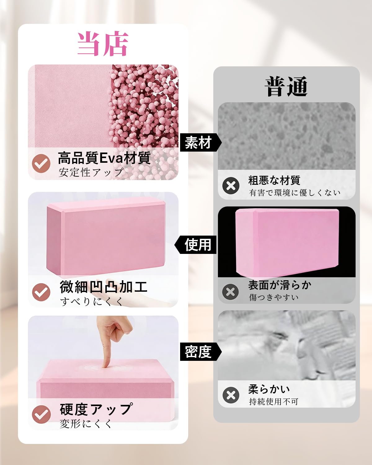 ヨガブロック 2個セット 硬め/高密度EVA 軽量 ストレッチブロック ホスール(HOSUR) 厚さ7.5cm 撥水 水洗い可 ヨガポーズ 安定 初心者 人気 防湿性 ヨガぶろっく 23x15cm (約180gx2) 7色 - 4