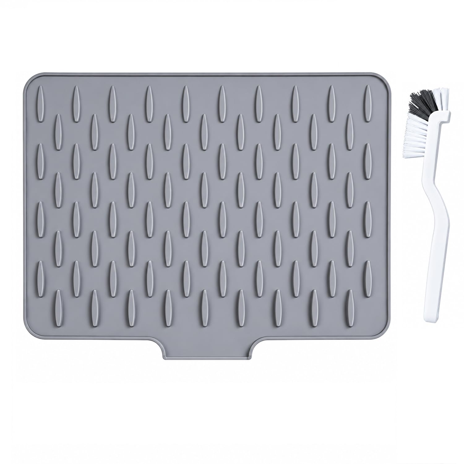 Silicone Dish Drying Mat with Cleaning Brush, Non-Slip Kitchen Sink Drainer Mat with Drain Lip, Heat Resistant Folding Draining Board Mat for Kitchen Counter, Campervan & RV (Grey)