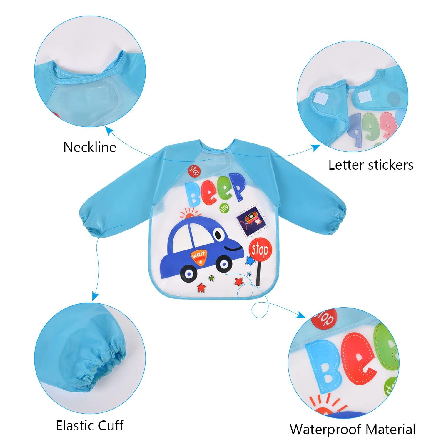 Vicloon Bavaglino a Manica, Bavaglino Unisex per Bambini, Bambini Impermeabile con Maniche Lunghe e Allacciatura Sulla Schiena, Giocare e Mangiare Piccoli da 6 Mesi a 3 Anni