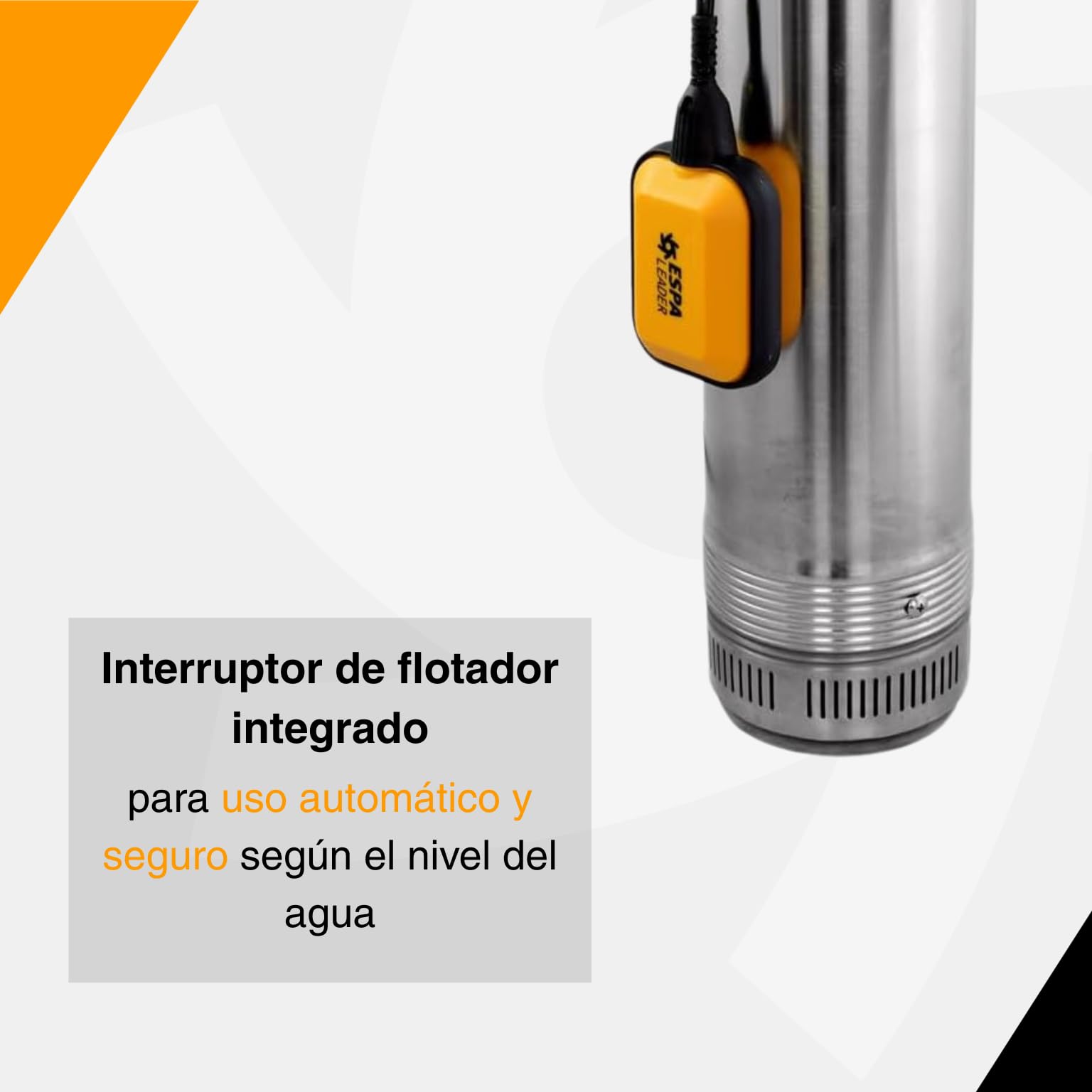 ESPA LEADER Bomba Sumergible BORA 95 4M para Aguas Limpias, 1200W, Caudal Máx 5.500 l/h, Altura Bombeo 54m, para Suministro Doméstico, Riego y Goteo, con Interruptor de Nivel, Acero Inoxidable