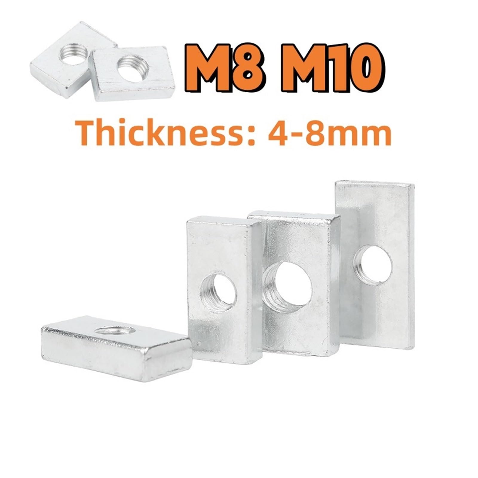 Tuercas cuadradas, Bloque Deslizante cuadrangular galvanizado de Acero al Carbono M8 M10 (5/10 Piezas)(M8x15x20x4)