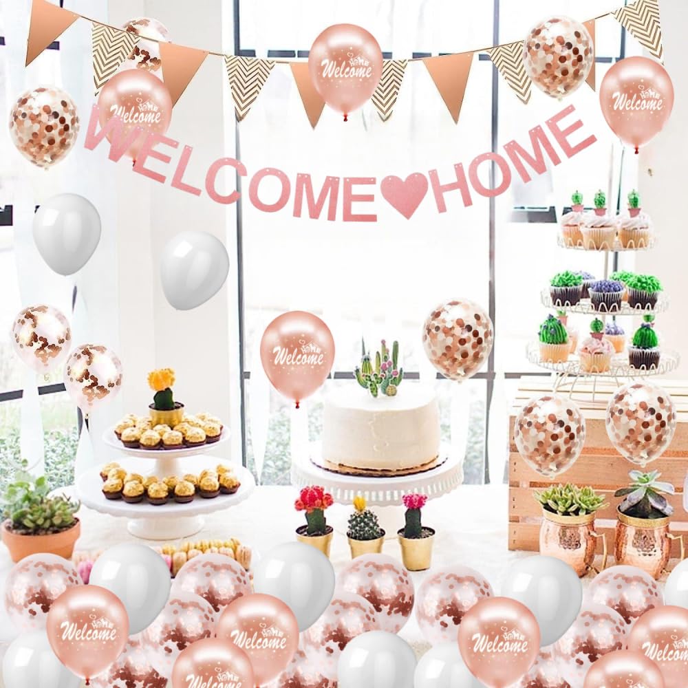 Welcome Home Decorations, Rose Gold Welcome Home Banners Set including Rose Gold Balloons, Glitter Bunting Banner - Image 3