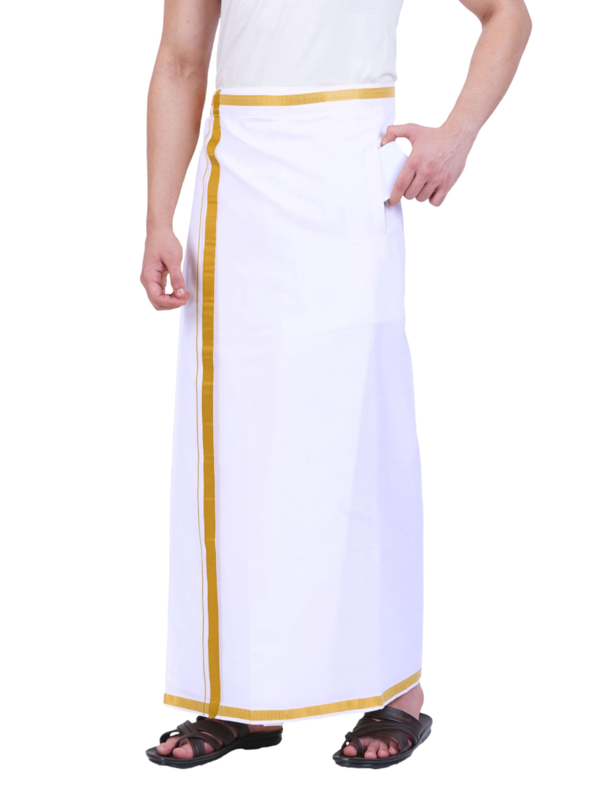 Free Size Stitched White Dhoti with Jari Border/mens Cotton Sinlge Flexi Size Copper Dhoti-image-48