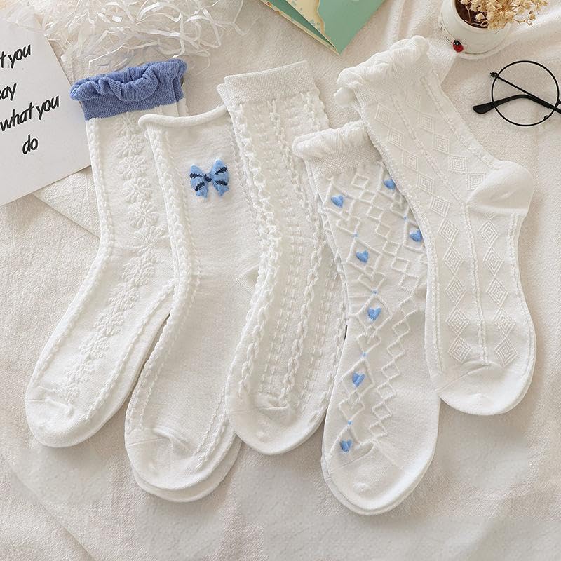Image of 10 Pairs coquette socks Cute Floral Flower bow Socks Cottagecore Frilly Fancy aesthetic socksLace Ruffles Socks for Women (US, Alpha, One Size, Regular, Regular, Blue)