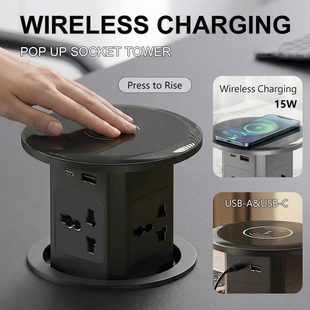 Automatycznie Wysuwane Gniazdko Elektryczne | Podnoszone Gniazdko Z Bezprzewodową ładowarką 15 W + 4 Pozycje | Wielofunkcyjne Gniazdko Usba + C (20 W) Black