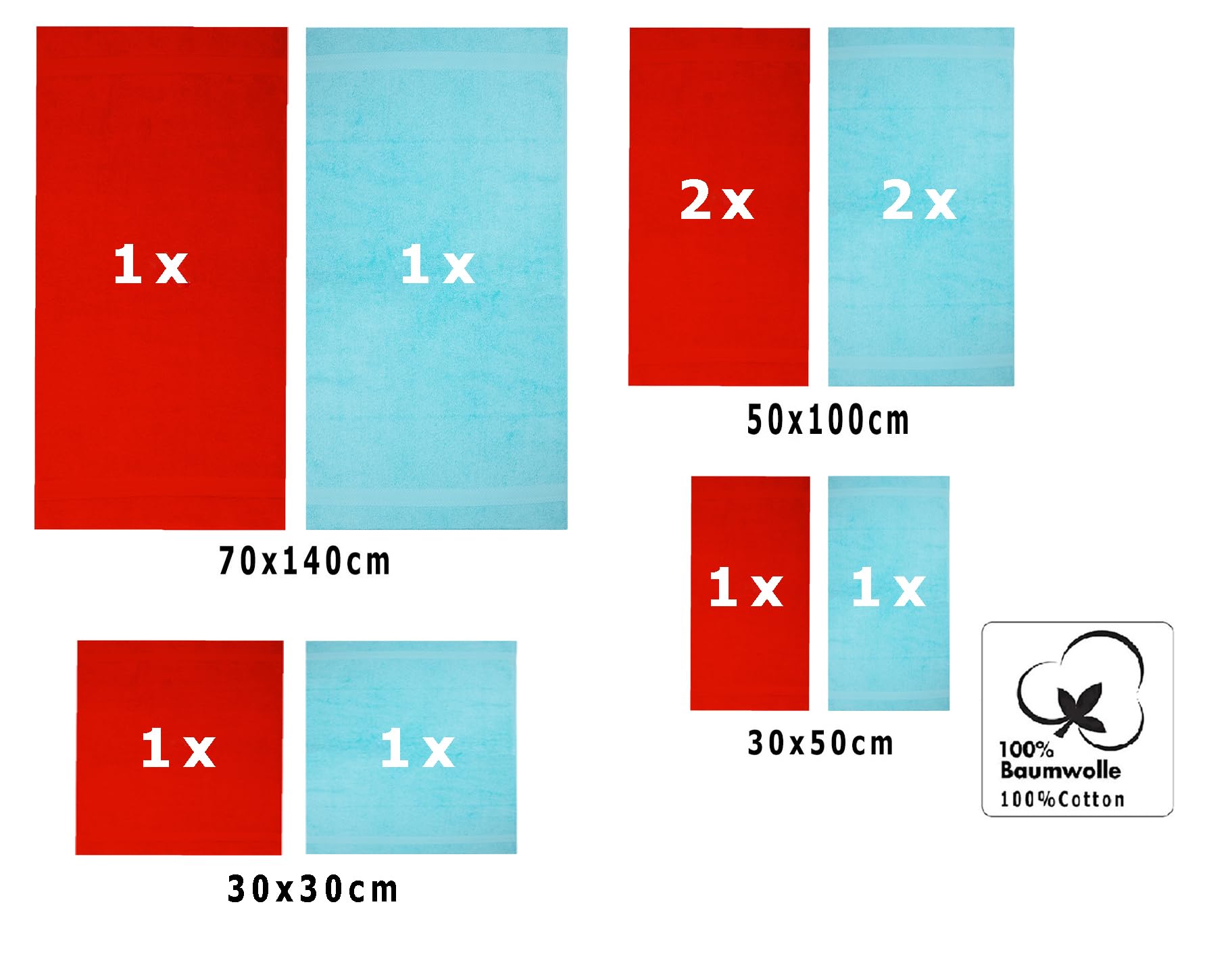 Betz Juego de 10 Toallas Classic 100% algodón 2 Toallas de baño 4 Toallas de Lavabo 2 Toallas de tocador 2 Toallas faciales Rojo y Turquesa