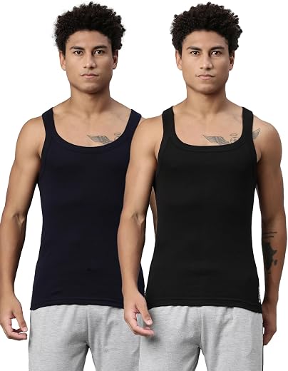 Levi's 015 Men's Rib Pure Cotton Solid Vest - Square-Neck, Sleeveless Side Branding, Snug fit with Easy Tucked (Pack of 2)