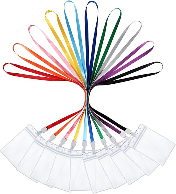 10 Set Lanyard with Id Card Holder for Neck, Plastic Lanyard Id Card Holder for Lanyard Clear Rainbow Neck Lanyards Straps with Clear Waterproof Holders Badge Holder for ID Card