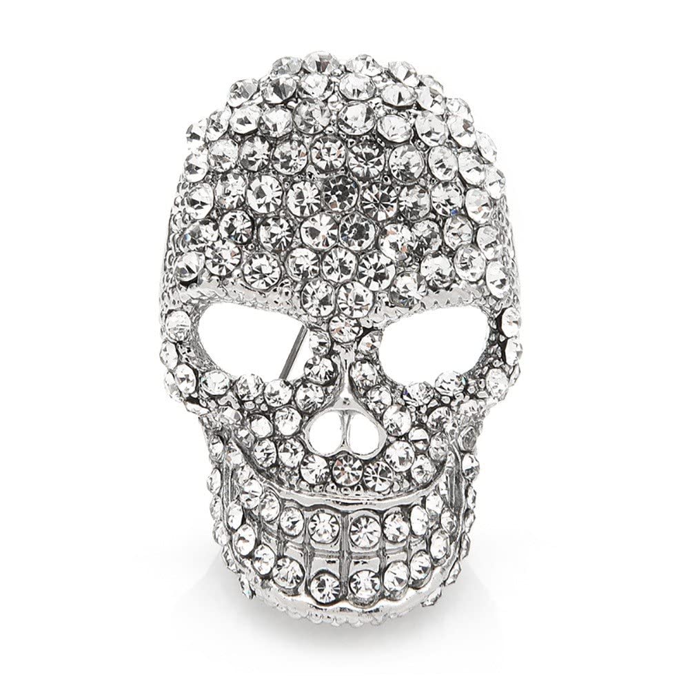 Fituenly Men's Silver Skull Brooches Sparkling Rhinestone Skull Head Lapel Pin Punk Crystal Skeletons Brooches For Wo