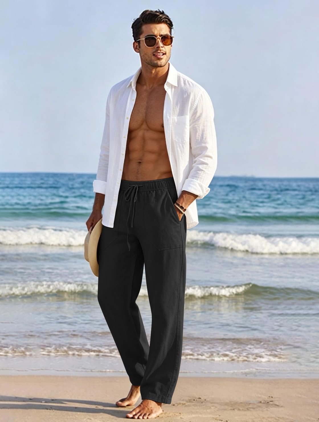 Puimentiua Leinenhose Herren,Lang Leichte Sommerhose,Sommer Leinen Hosen,Loose Fit Baumwollehosen mit Tunnelzug und Taschen (S-3XL)