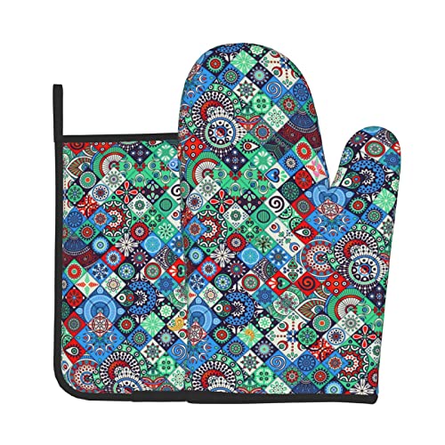 Oven Mitts And Pot Holders Sets,Mexican Tiles Resistant Hot Pads With Polyester Non Slip Bbq Gloves For Cooking #TOP1