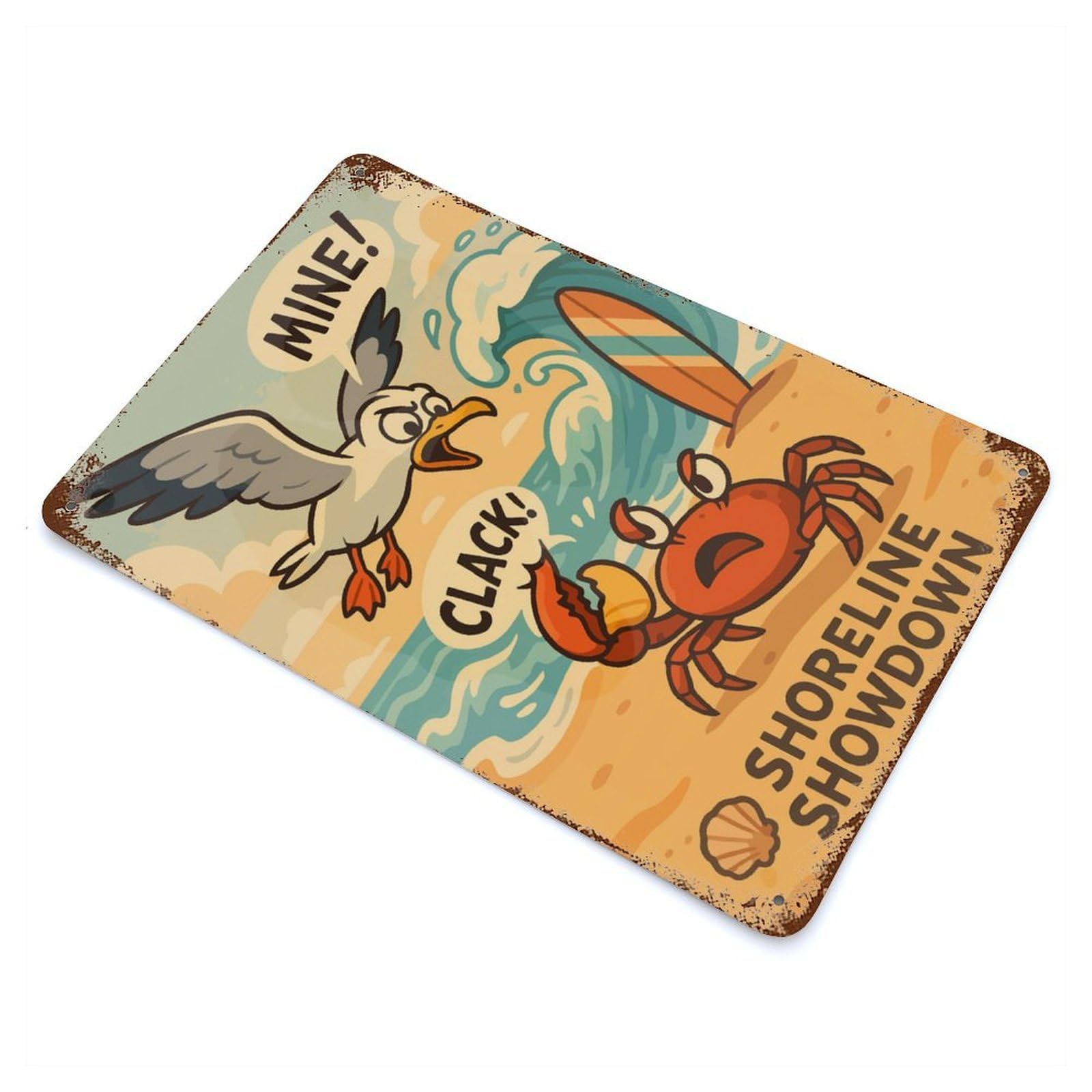 Rust Effect Shoreline Showdown Crab Vs. Seagull Rusty Metal Tin Sign 11.8"x7.9", Old School Wall Decor for Farmhouse, Kitchen And Entryway Decor