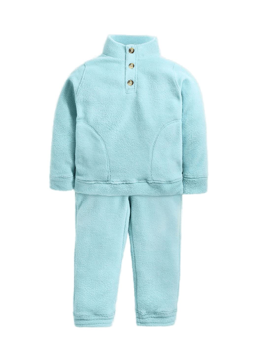 Cherry Crumble Mint Solid Polar Fleece Full Sleeves High Collar Casual Wear Smart Fit Winter Top & Bottom Set For Boys And Girls