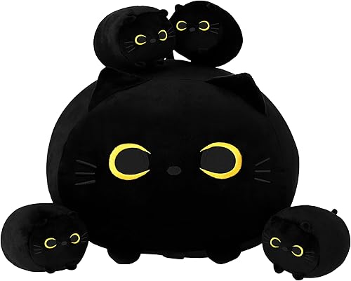 SQEQE Peluche de gato negro, peluche de gato negro con 4 lindos peluches de gato en su barriga, almohada de peluche suave de gato negro regalos para