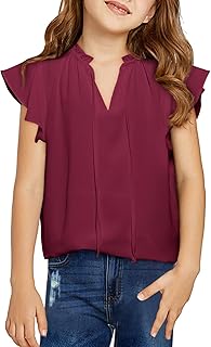 Girls Cute Ruffle Short Sleeve T Shirts Casual V Neck Chiffon Blouse Tops 6-15 Years - Buy now
