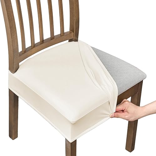 Miniatura 1 de NILUOH Juego de 4 fundas de asiento impermeables para sillas de comedor, de piel sintética, extraíbles y lavables, fundas traseras (PU-beige)