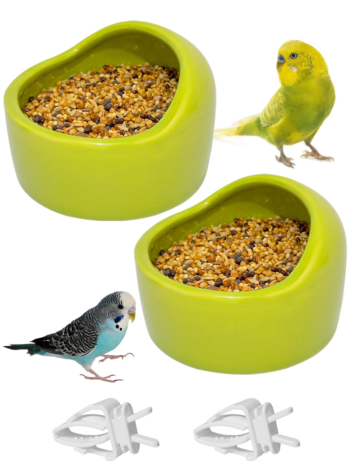 2 Pcs Ceramic Bird Food Bowls Parakeet Cage Water Bowl Birds Feeding Dish Parrot Water Feeder for Cage with 2 Plastic Feeding Clips for Parakeets Conure Cockatiels Lovebird Budgie (Green)