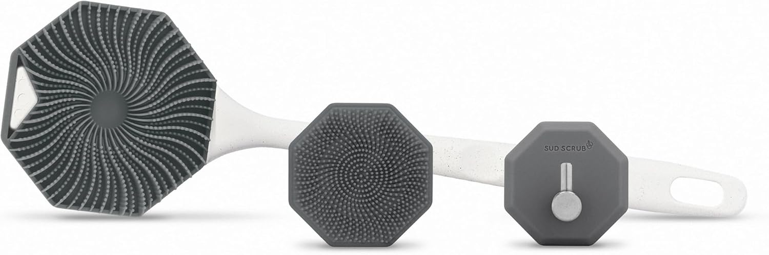 Sud Scrub® Body Scrubber + Face Scrubber + Extender Handle + Shower Hook Set (Charcoal)