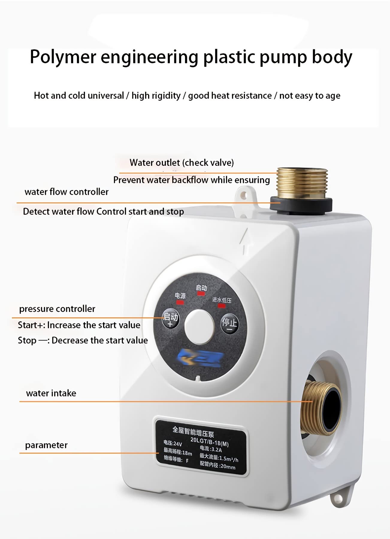 Agua Portatil Bomba De Refuerzo De Presión DC 24V Bomba De Refuerzo Automática Bomba De Ducha Bomba De Refuerzo De Presión De Agua Domésticamax Head 65Ft/20M,180w_Pressure: 2.4bar