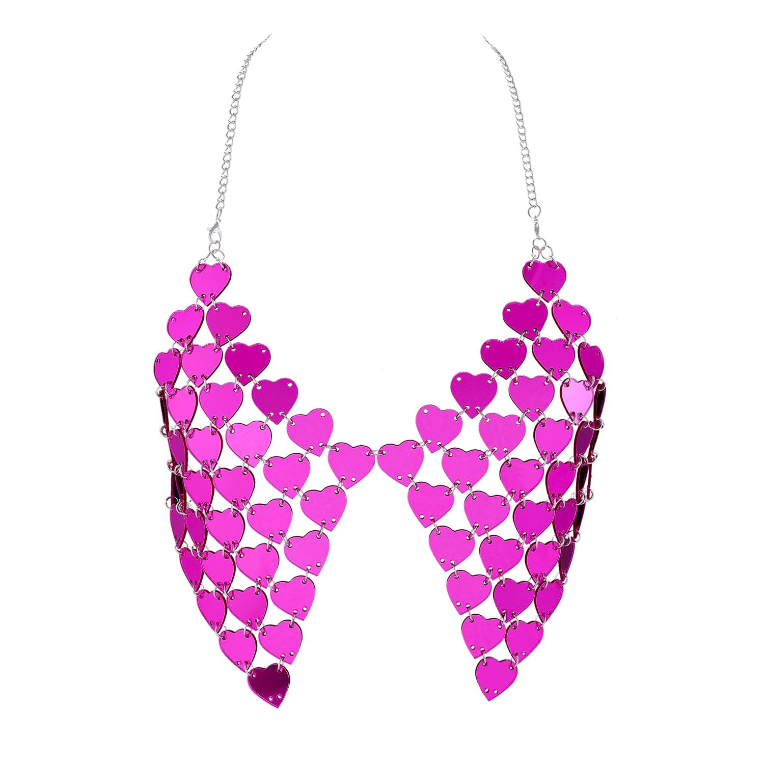 AksodBody Chain Bra Top Hot Pink Heart Sequins Crop Top Chain Shiny Acrylic See Through Backless Bra Chains Bikini Beach Rave Party Chest Body Chain Jewelry for Women