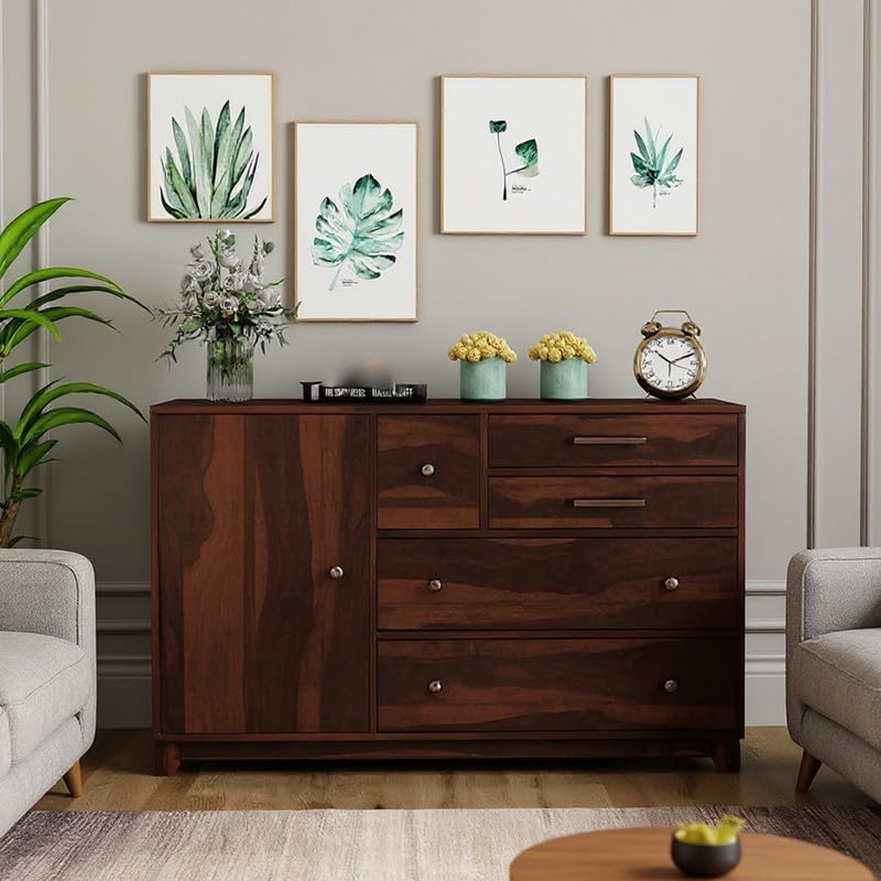 Image of Amazon Brand - Solimo Solid Sheesham Wood Karen Sideboard Cabinet with 4 Drawers & 2 Doors | Multipurpose Wooden Storage Organizer for Living Room, Bedroom, Kitchen, Office & Home (Walnut Finish)
