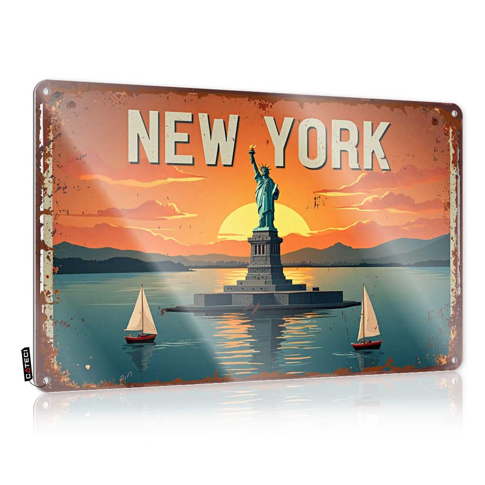 Fzfn Colour Love Tin Metal Sign Nice | Statue Of Liberty Sunset Sailboats New York Cityscape Premium Backyard Decoration(20X30cm)