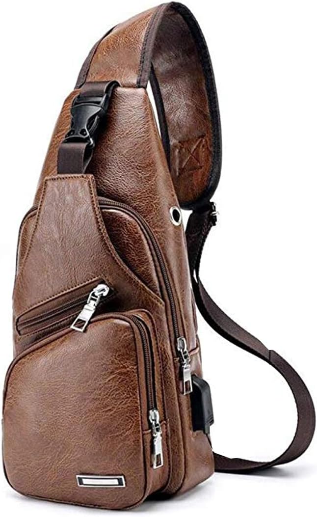 Men's Sling Bag, Business Leather Shoulder Backpacks Campus Travel Crossbody Bag with USB Charging Port