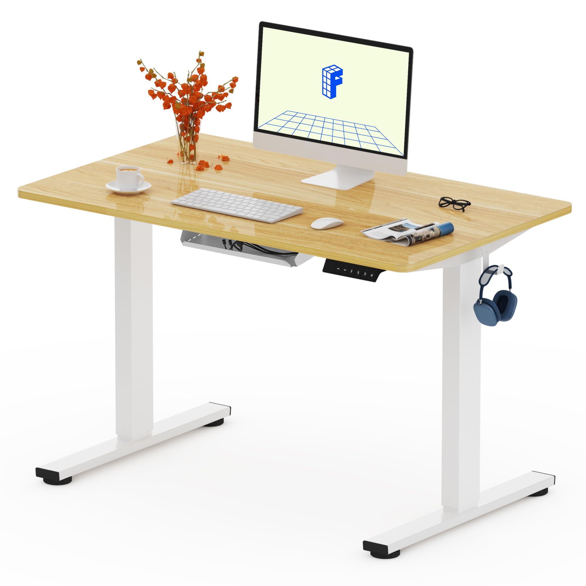 FLEXISPOT QE1 Escritorio Elevable con Tablero Entero 100x60cm Mesa de Elevable Eléctrico, Standing Desk, Escritorio Regulable en Altura con 2 Ganchos/Estante y 4 Funciones de Memoria (Arce)