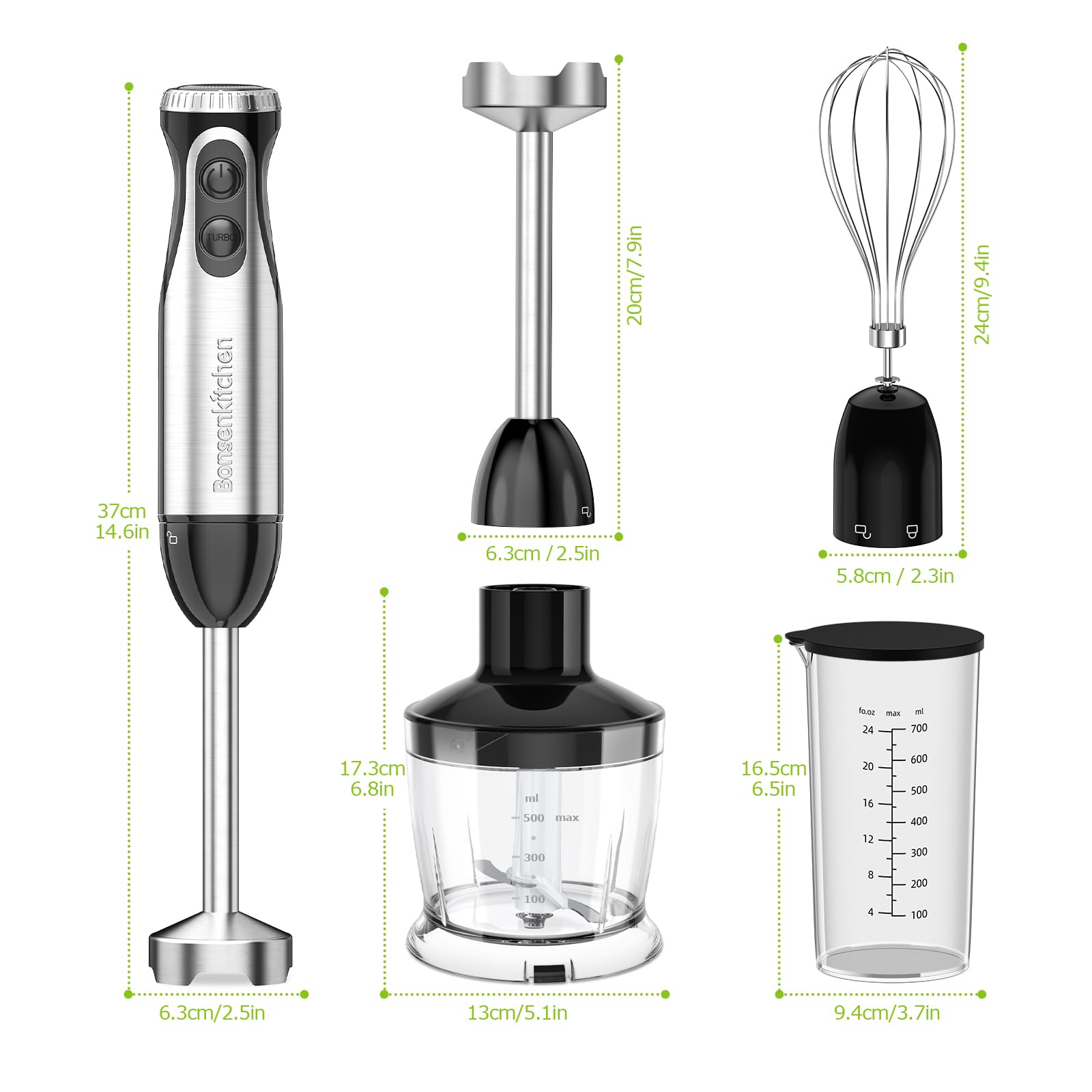 Bonsenkitchen Mixeur Plongeant 4-en-1, 1000W Mélangeur Électrique avec Régulation de Vitesse Progressive, Pied en Acier Inoxydable, Fouet, Hachoir 500ml & Verre Doseur 700ml pour Aliments Bébé, Noir