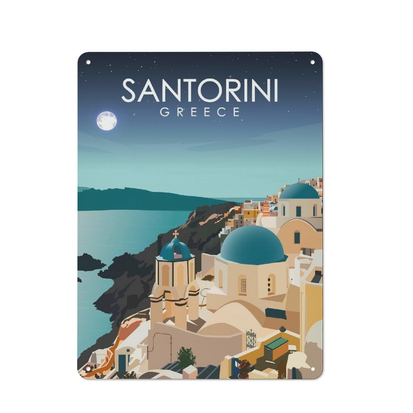 Junmoney Style-3 Santorini Greece At Night Urban Metal Wall Decor 40X30cm, Industrial Metal Sign For Flat, Bar, Studio Or Gallery Wall
