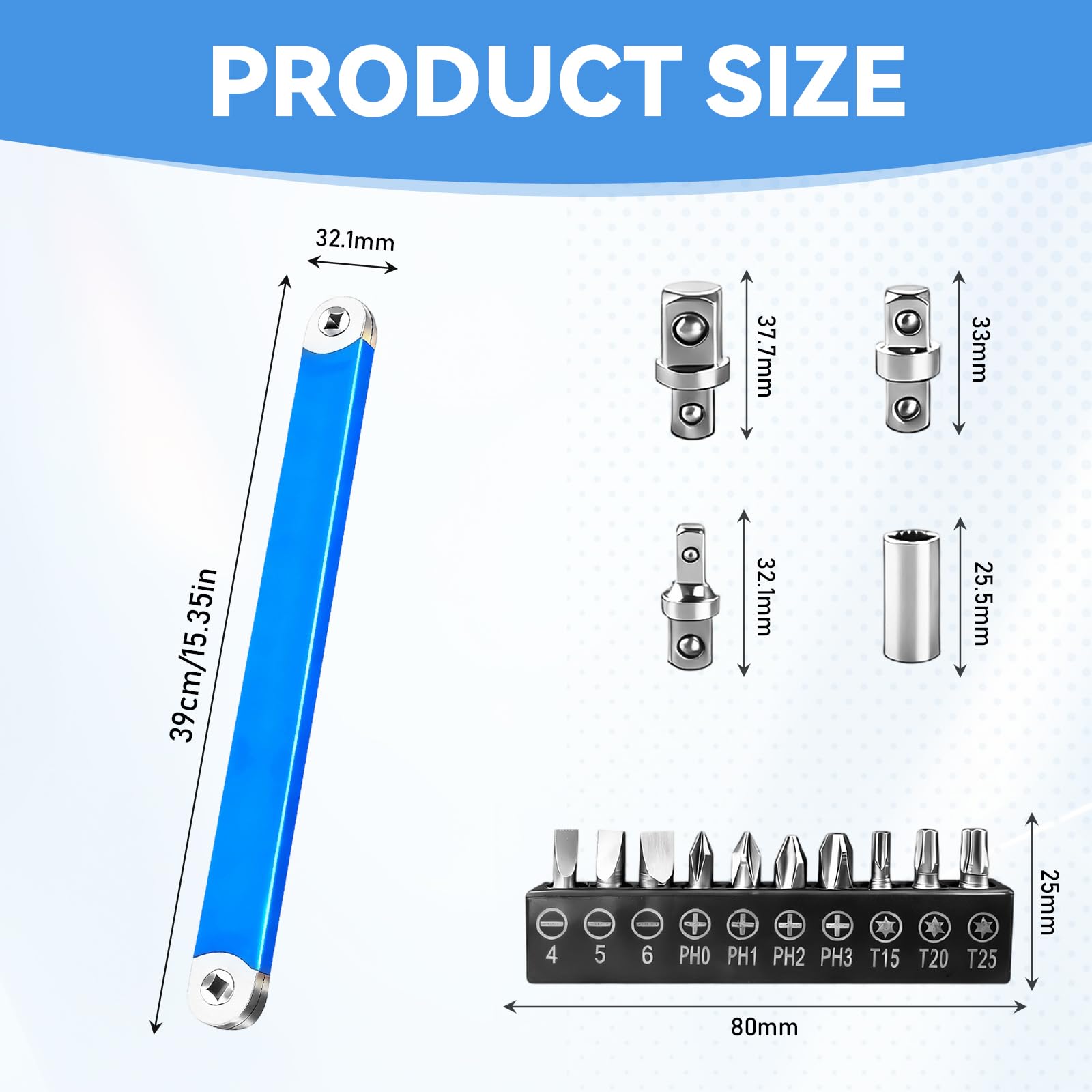Offset Extension klucz klucz offsetowy, klucz płaski, przedłużka z adapterem 1/2" 1/4" 3/8" + 10 otworów, czarny uchwyt do bitów (niebieski)