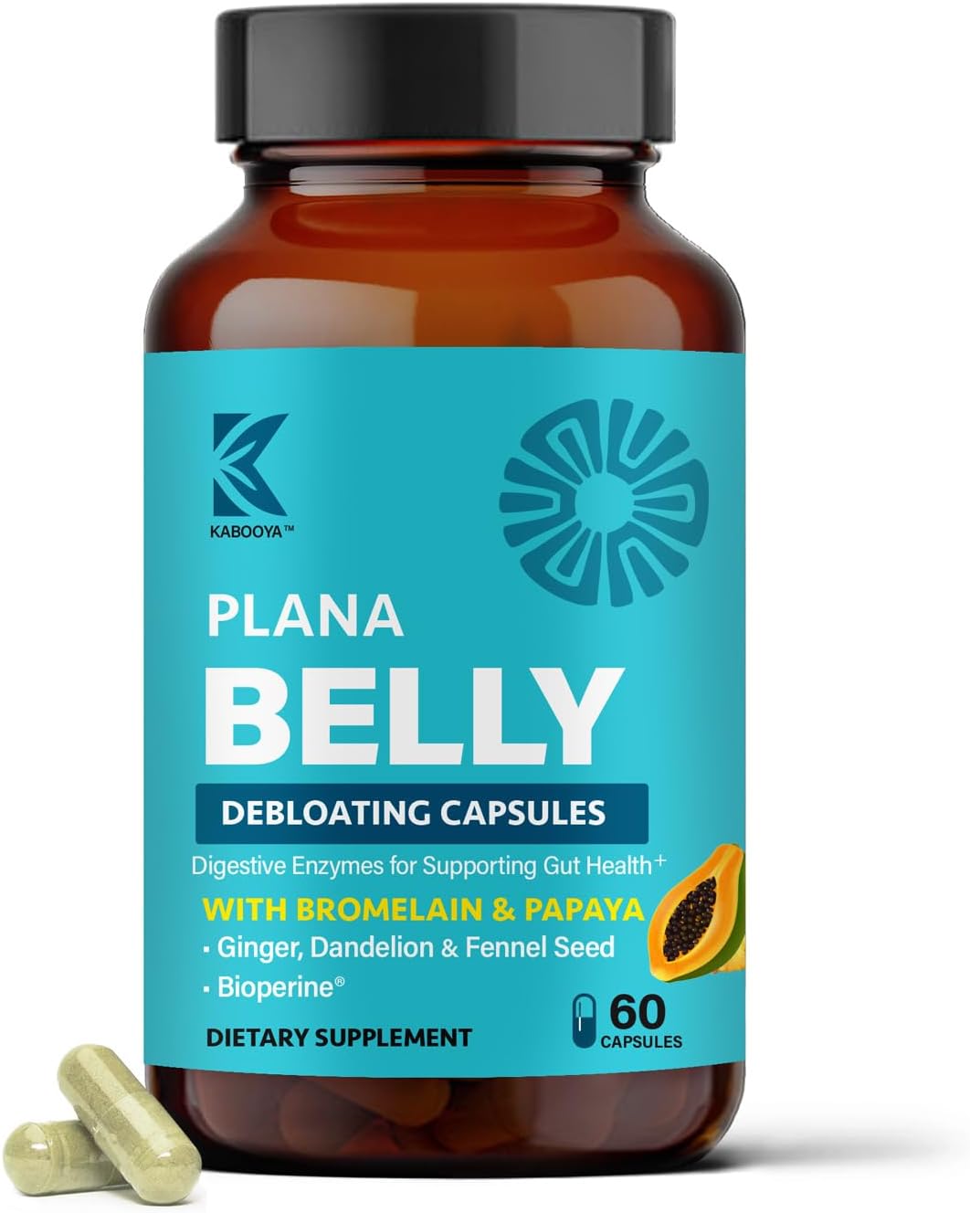 Plana Belly Debloating Supplement – Digestive Enzymes for Bloating & Gas Relief with Bromelain, Ginger, Fennel & Dandelion Root – Gut Health Support for Women & Men – 60 Capsules