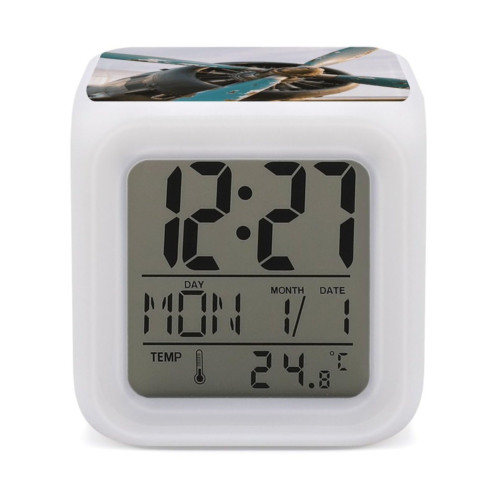 FodPand 7 Color Ambient Night Light Cube Battery Operated Airplane Digital Clock with Snooze Temperature LED Digital Alarm Clocks Dimmable Wake Up Light Portable Mood Lamp for Bedroom Desk Gift