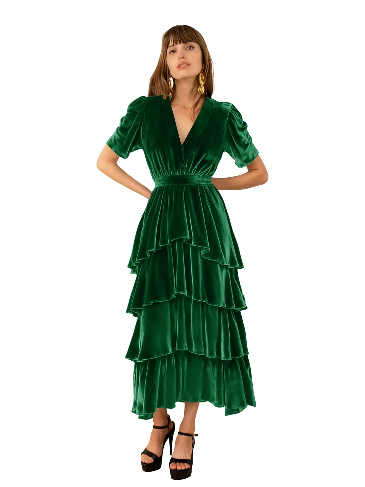 Velvet Dress for Women V Neck Winter Wedding Guest Dresses Short Sleeve A line Tiered Formal Party Evening