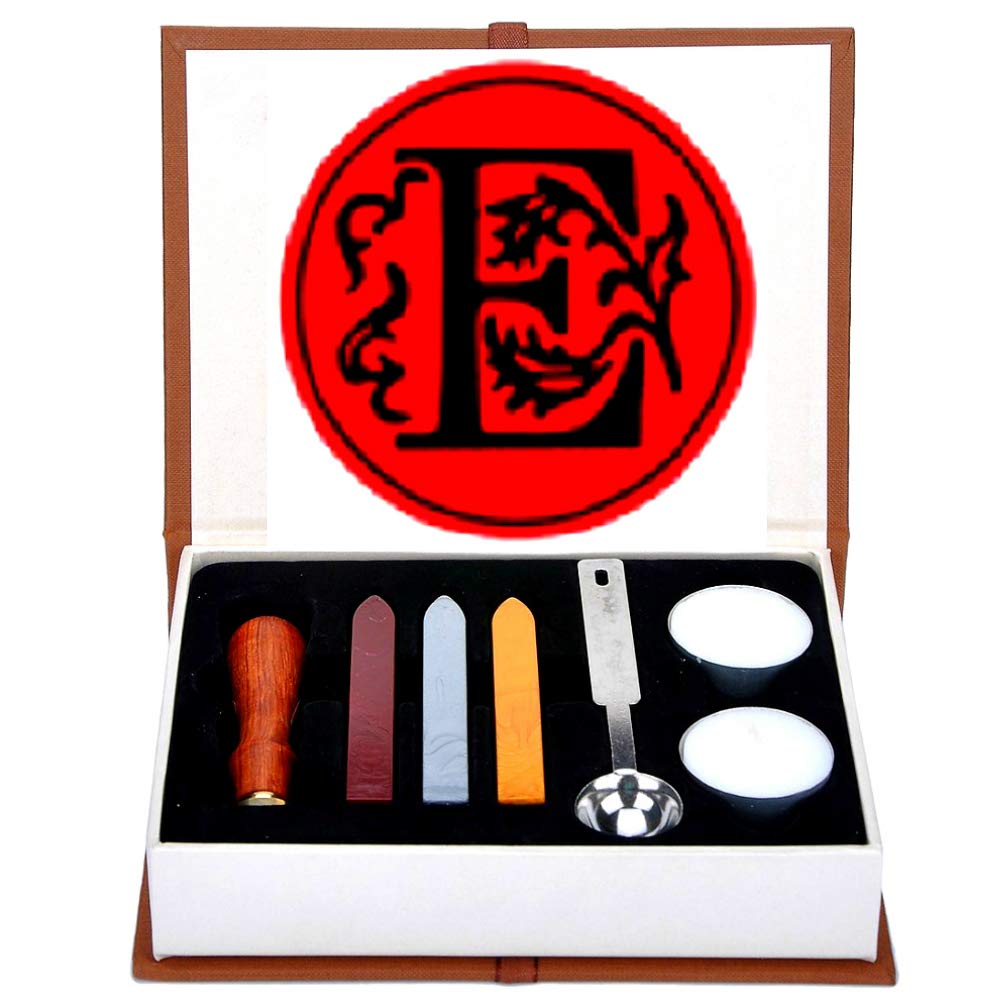 ANBOSE Letter E Wax Seal Stamp Set, Copper Seal, 3Pcs Wax Seal Sticks, 1Pcs Melting Spoon, 2Pcs White Candles