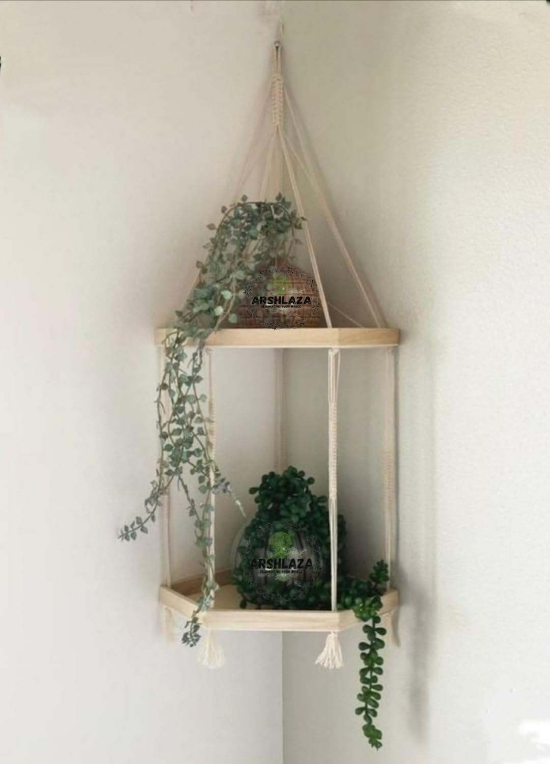 Macrame Wall Hanging Decor Corner Shelf for Living Room Floating Wall Decor Bedroom(Pine, Beige) 2 Shelf [WD2]-image-45