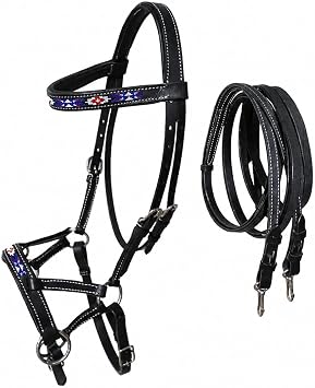 Horse Western Leather Bitless Sidepull Beaded Bridle Reins 77RT24