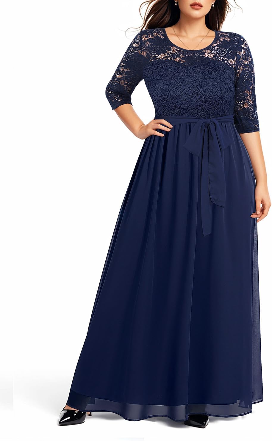 Plus Size Formal Dresses - Women Evening Gown Lace 3/4 Sleeve Wedding Bridesmaid Chiffon Maxi Long Dress