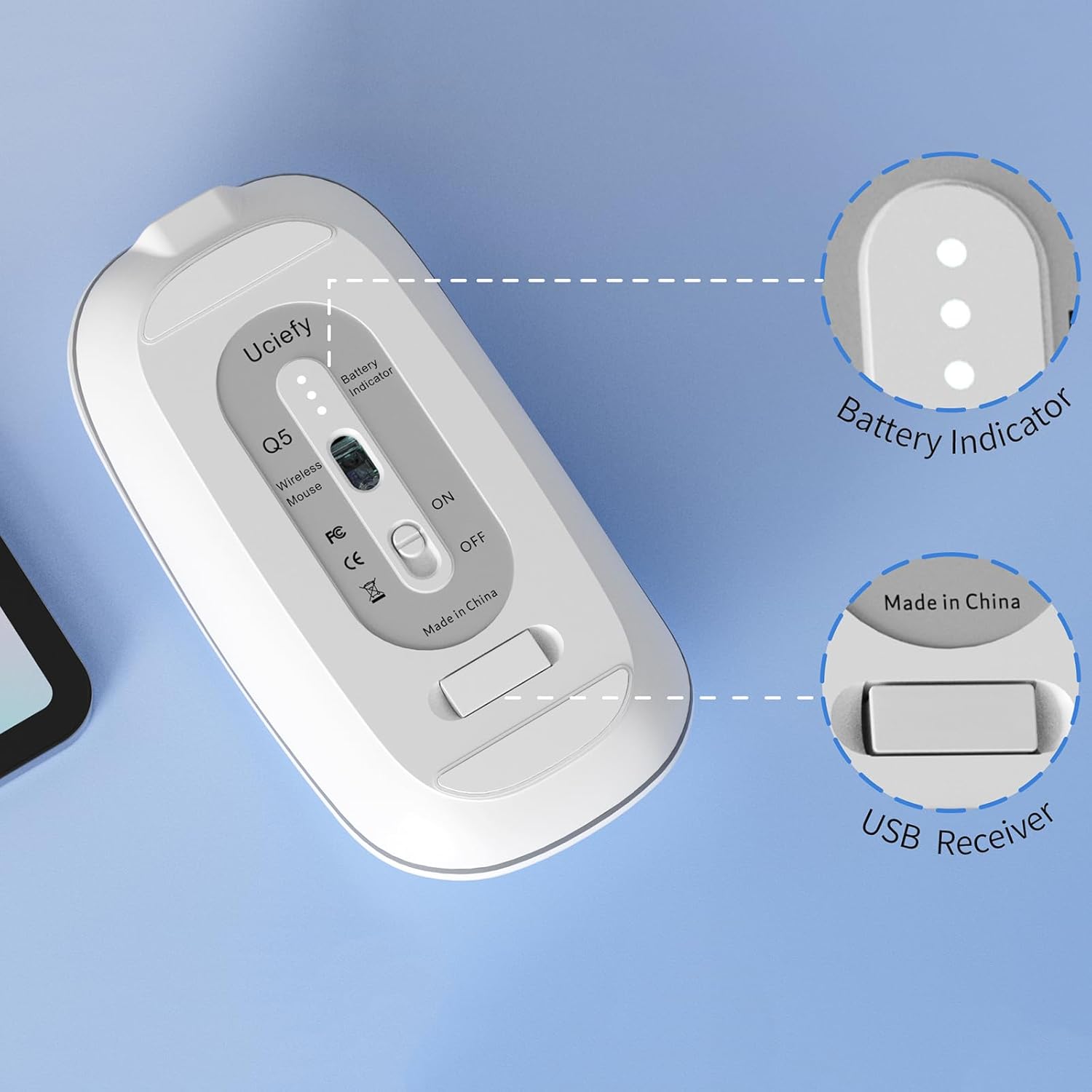 Uciefy Q5 Slim Rechargeable Wireless Mouse, 2.4G Portable Optical Silent Ultra Thin Wireless Computer Mouse with USB Receiver and Type C Adapter, Compatible with PC, Laptop, Notebook, Desktop White - Image 4