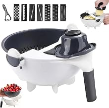 9 in 1 vegetable cutter with drain basket,Multifunctional Manual Food Chopper with Interchangeable Rotatable Blades,Slicer Shredder Dicer for Carrot Potato Fruit Kitchen Prep,Portable (A)