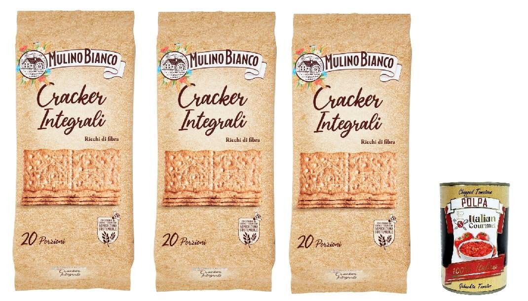 Mulino Bianco Cracker Integrali con Farina Sostenibile Ricchi di Fibre, Crackers à pleine farine, Riche en fibres, 3x 500g + Italian Gourmet polpa 400g