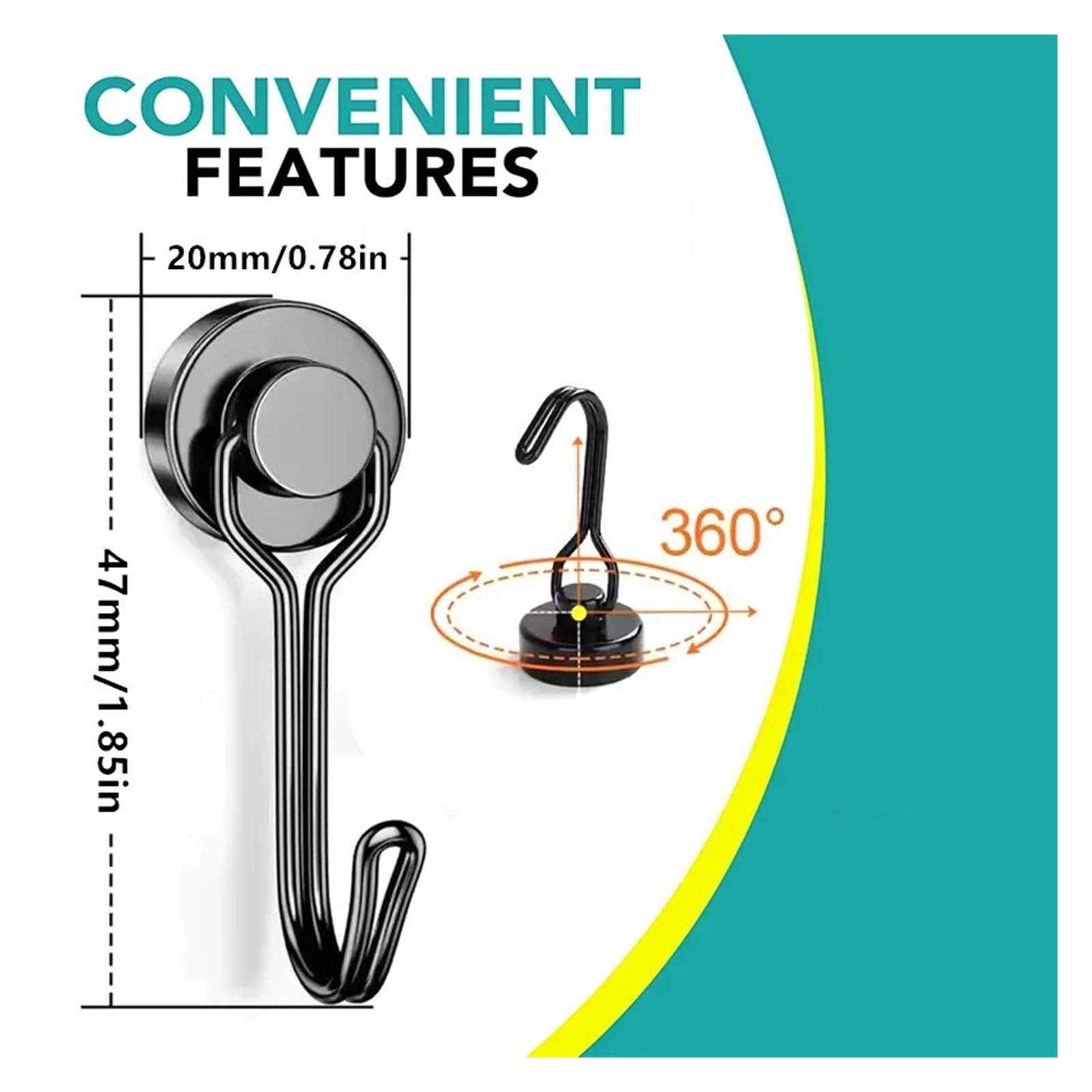 Genérico Imán resistente con rotación de 360 ​​°, ganchos magnéticos negros, perchas for cocina, hogar, oficina, uso multifuncional(360-20mm 20PCS)