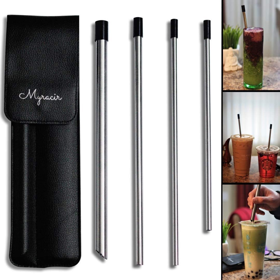 Reusable Stainless Steel Drinking Straws w/Elegant Vegan Leather Travel case | 4 straws + 4 Silicone Tips + 2 cleaning brushes | 1 wide boba straw w/pointed end | 2 long straws | 1 short straw