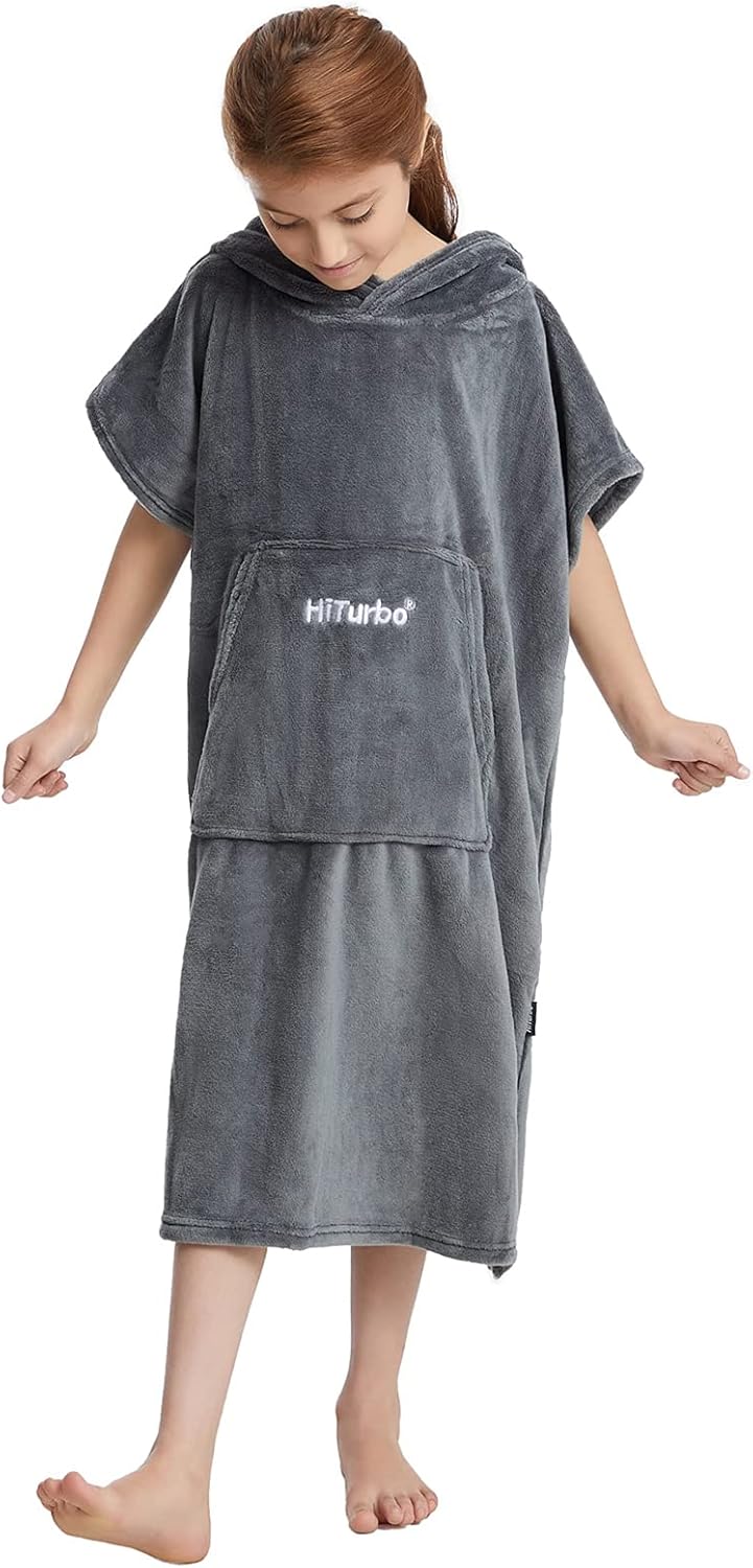 Hiturbo Kids Towel Changing Robe: Soft Plush Bath Towels - Warm Coral Fleece Hoodie - Swim Surf Poncho for 5-12 Years (Gray)