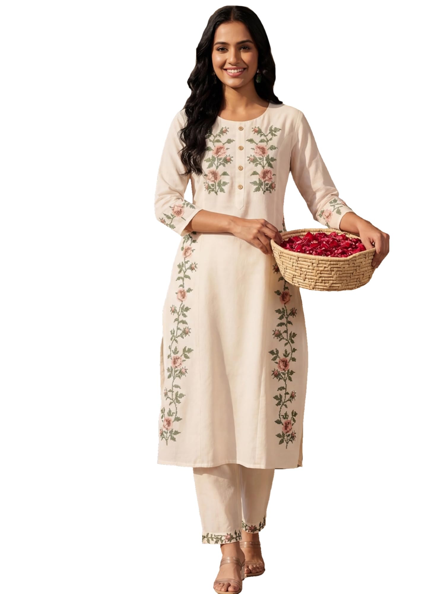 Women's Pure Cotton Floral Embroidered Straight Calf Length Kurta & Pant With Set (IERAI9860)-image-31